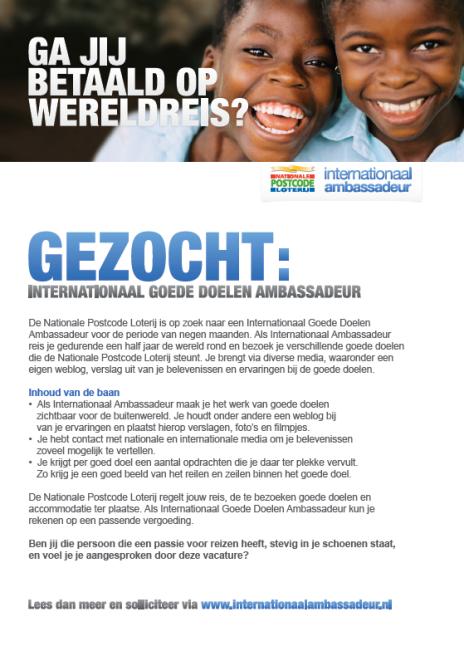 Personeelsadvertentie internationaal goede doelen ambassadeur gezocht