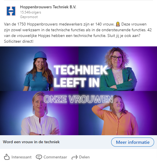 Vrouwen zijn een belangrijk toevoeging voor de technische branche. Met gerichte campagnes werven we vrouwen voor de techniek, lees de hele case van Hoppenbrouwers Techniek, ingezonden in de categorie Arbeidsmarktcommunicatie voor de Werf& Awards 2023.