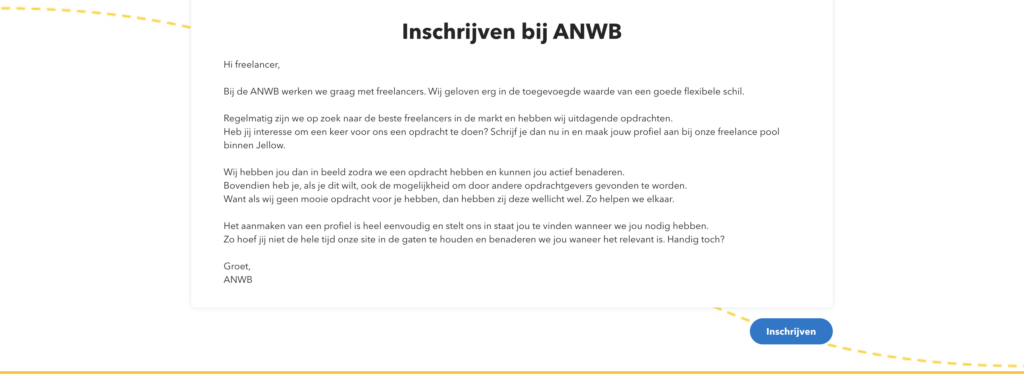 Door een speciale freelance funnel te bouwen, werkt de ANWB aan zijn opdrachtgevers-merk. Hierdoor zijn zij in staat sneller en betere freelancers te werven. Lees de hele case van Jellow en ANWB, ingezonden in de categorie Arbeidsmarktcommunicatie voor de Werf& Awards 2024.