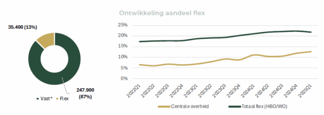 Hoewel de plannen al jaren anders zijn, blijft de Rijksoverheid nog steeds veruit de grootste inhuurder van flexibele arbeid in Nederland. Niet alleen is het aandeel zzp'ers er de afgelopen 3 jaar verdubbeld, ook de uurtarieven stijgen er nog altijd door.